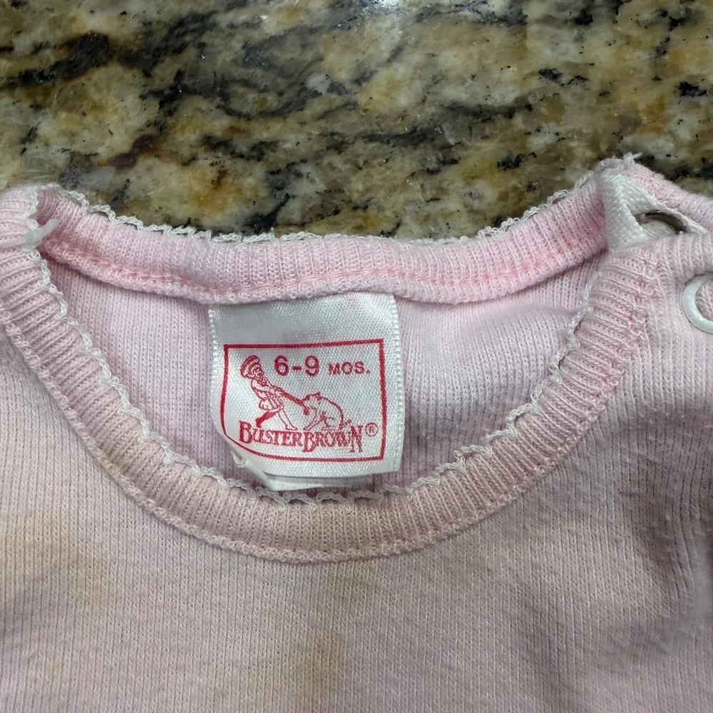 Vintage Buster Brown Pink Cat Balloon Lace Ruffle Baby Bodysuit 6-9 Months
